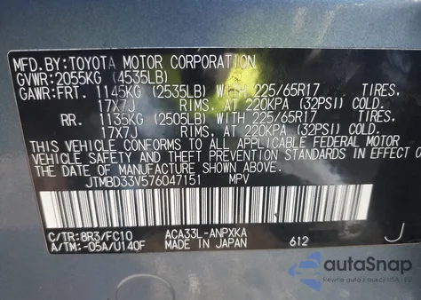 2007 Toyota Rav4 z USA, uszkodzony, nr VIN JTMBD33V576047151